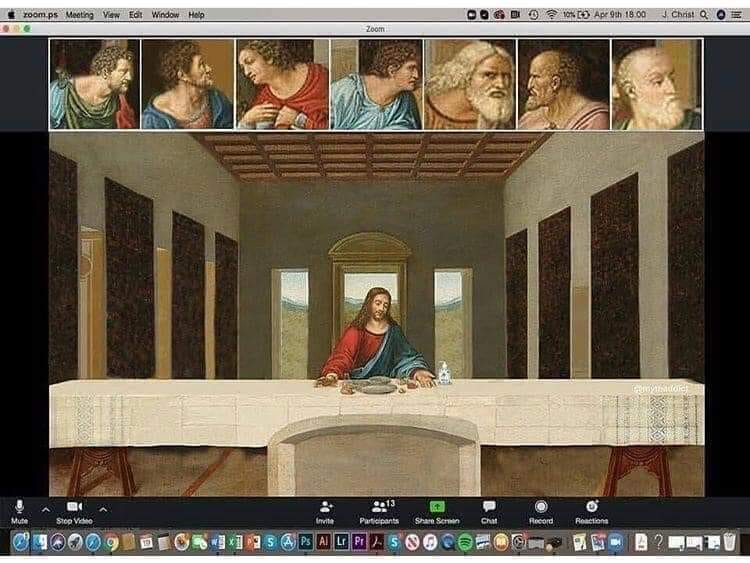 Jesus and disciples at the Last Supper as if on a Zoom call.